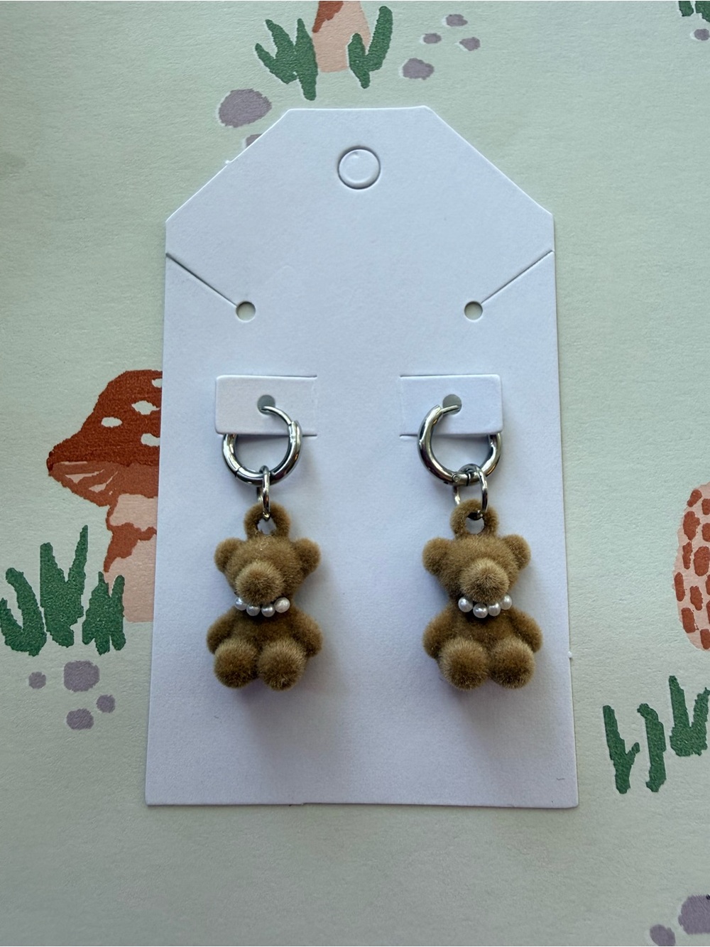 Brown Teddy Bear Charm Hoop Earrings with Pearl Accents